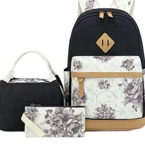 Floral Black and Tan Women's Backpack Set